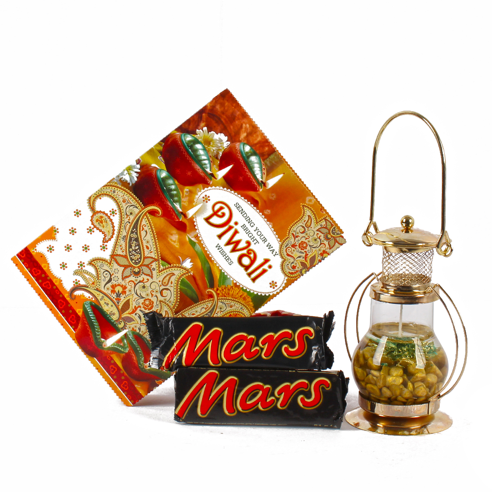 Lantern Diya Hamper with Diwali Card and Imported Mars Chocolates