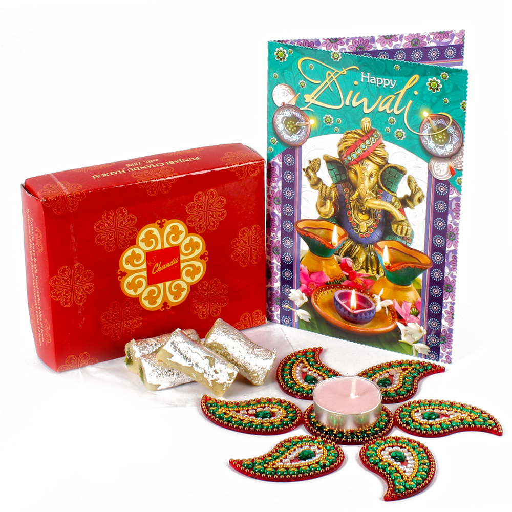 Designer Rangoli Hamper with Kaju Pista Roll