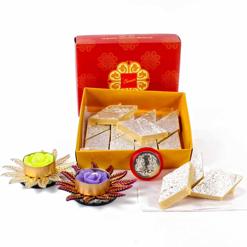 Sweet Hamper with Floating Diya and Silver Plated Ganesh Laxmi Coin