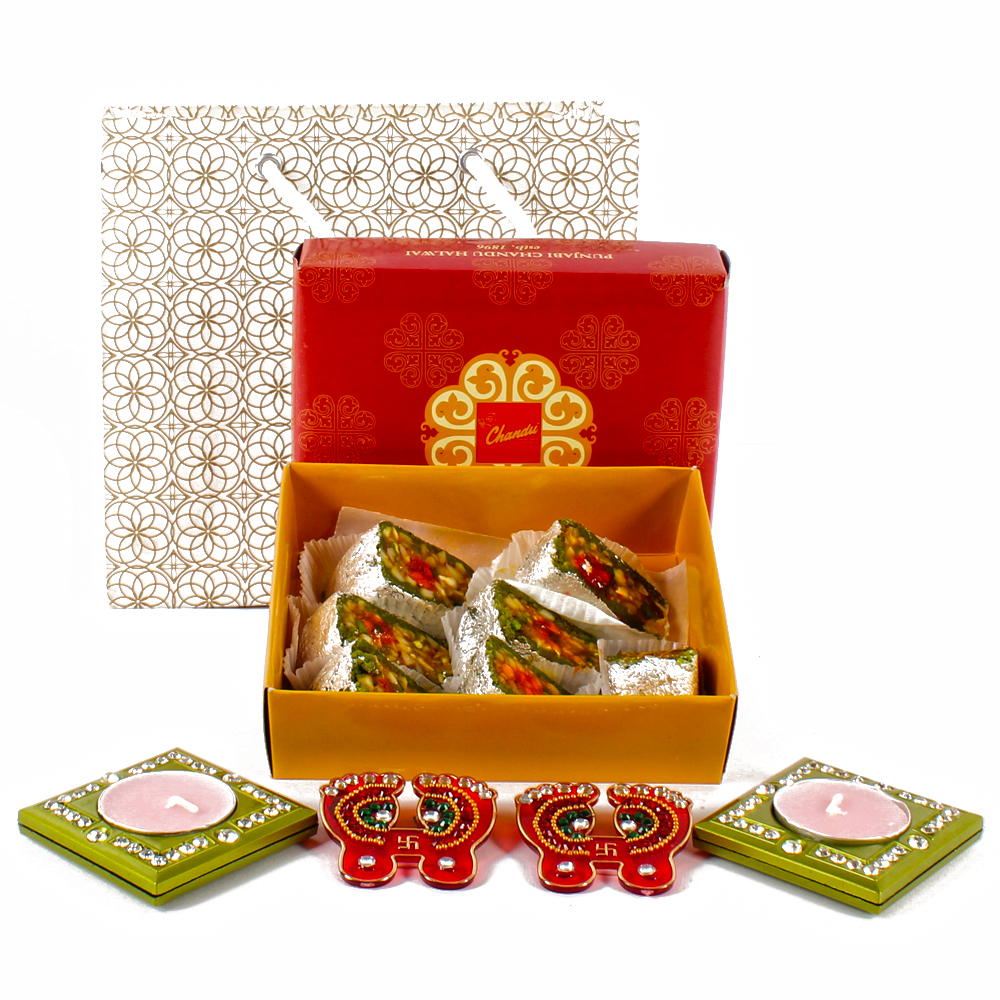 Assorted Dryfruits Sweet with Designer Pagla and 2 Diyas