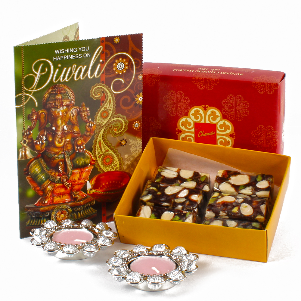 Assorted Dryfruit Sweet with Metal Diya and Greeting Card
