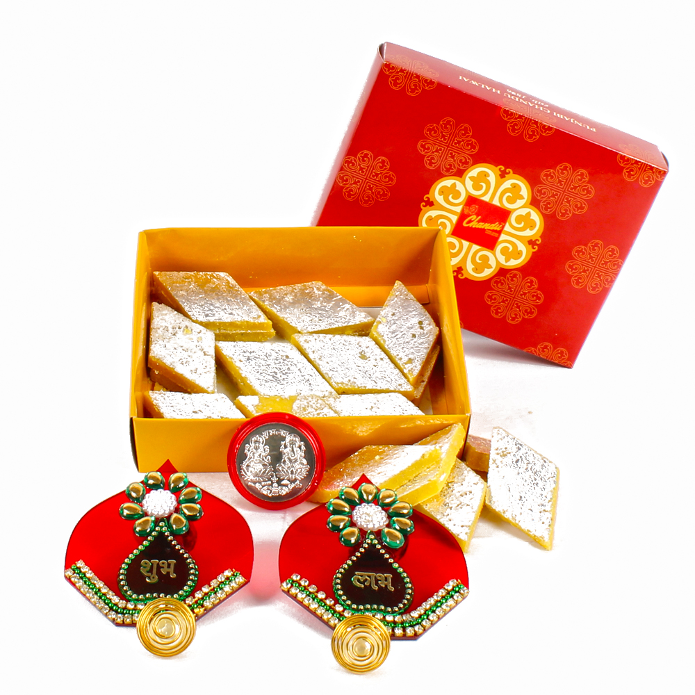 Designer Shubh Labh with Kesar Kaju Katli and Silver Plated Coin