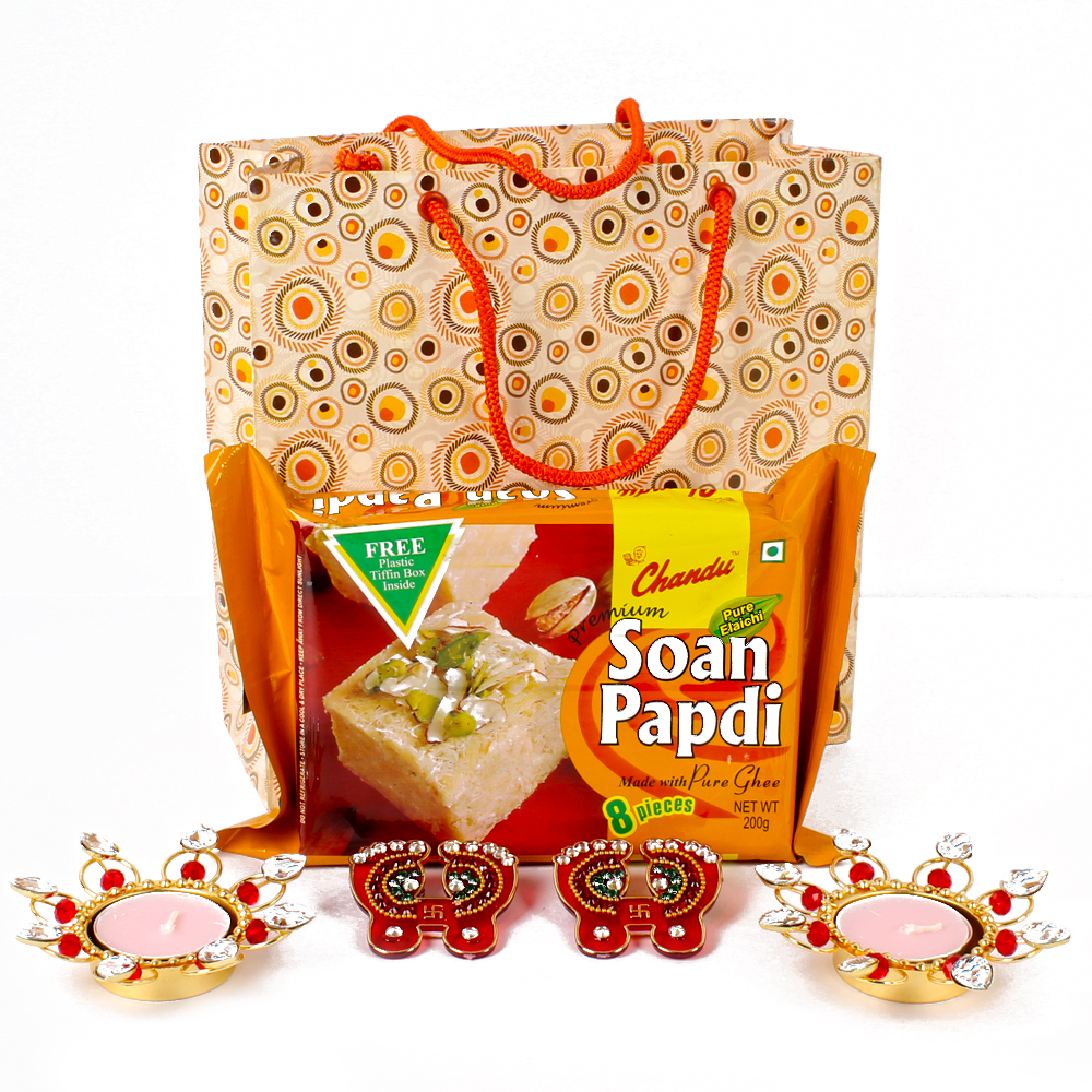 Soan Papdi with Diya Hamper packed in Paper Bag