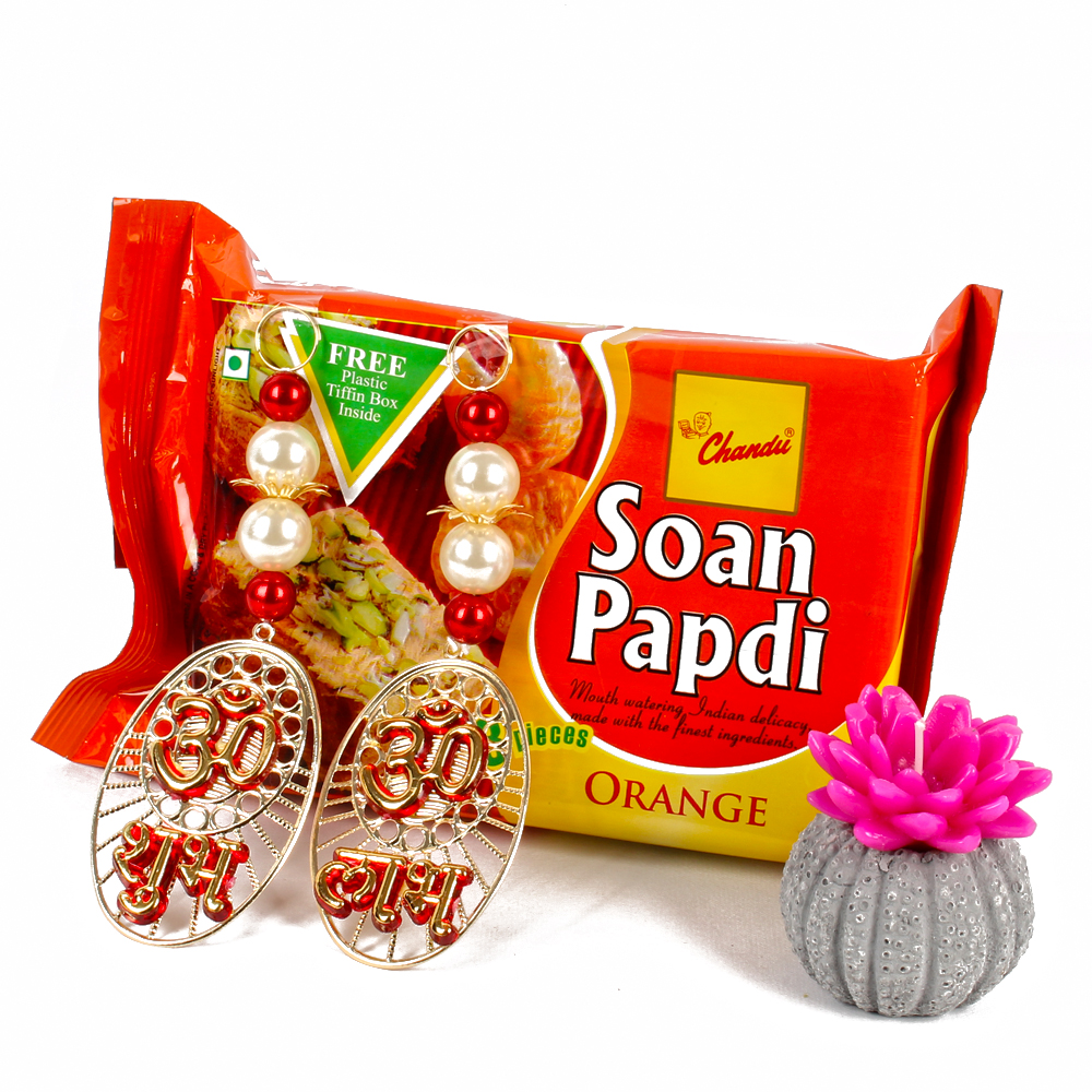 Orange Soan Papdi with Shubh Labh Hanging and Wax Candle