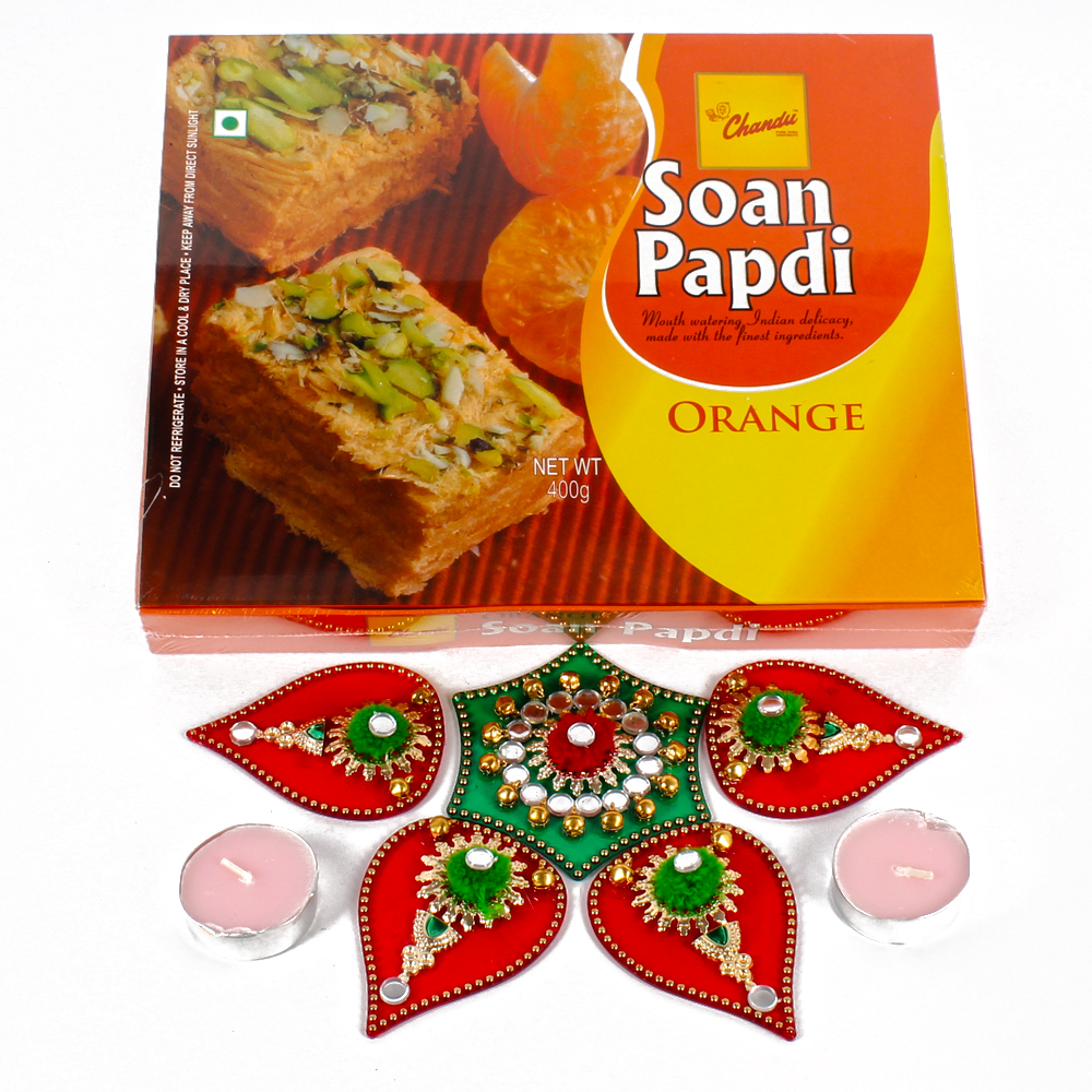 Exclusive Leaf Shaped Artificial Rangoli with Soan Papdi Hamper