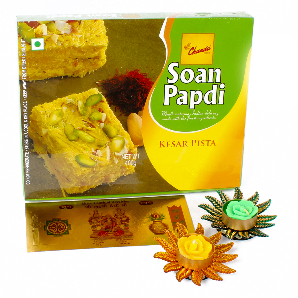 Floating Diya with Soan Papdi and Gold Plated Laxmi Ganesha Saraswati Note