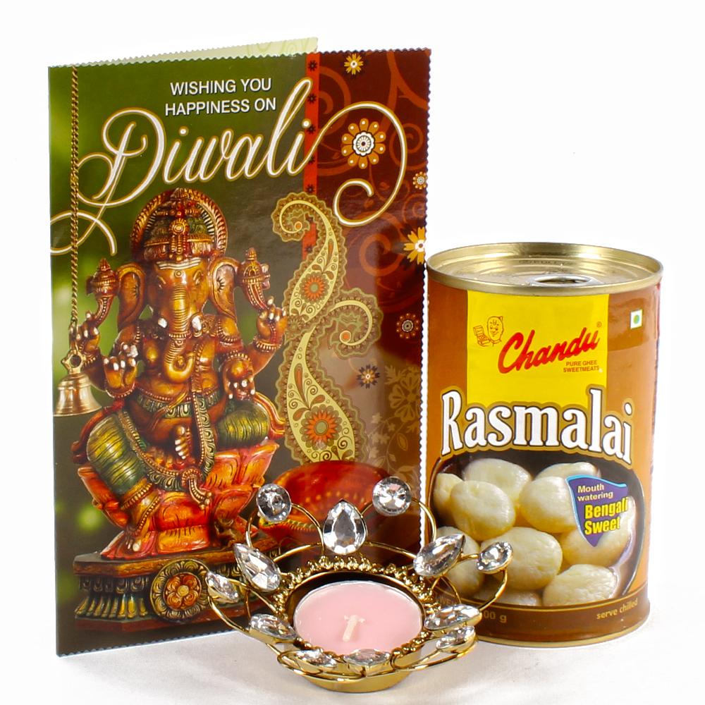 Mouth Watering Rasmalai with Tealight Diya and Diwali Card