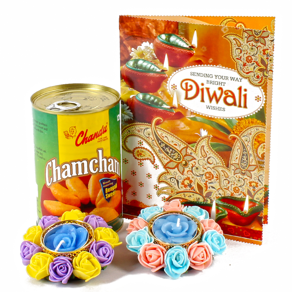 Chamcham Sweets with Floating Diyas and Diwali Card