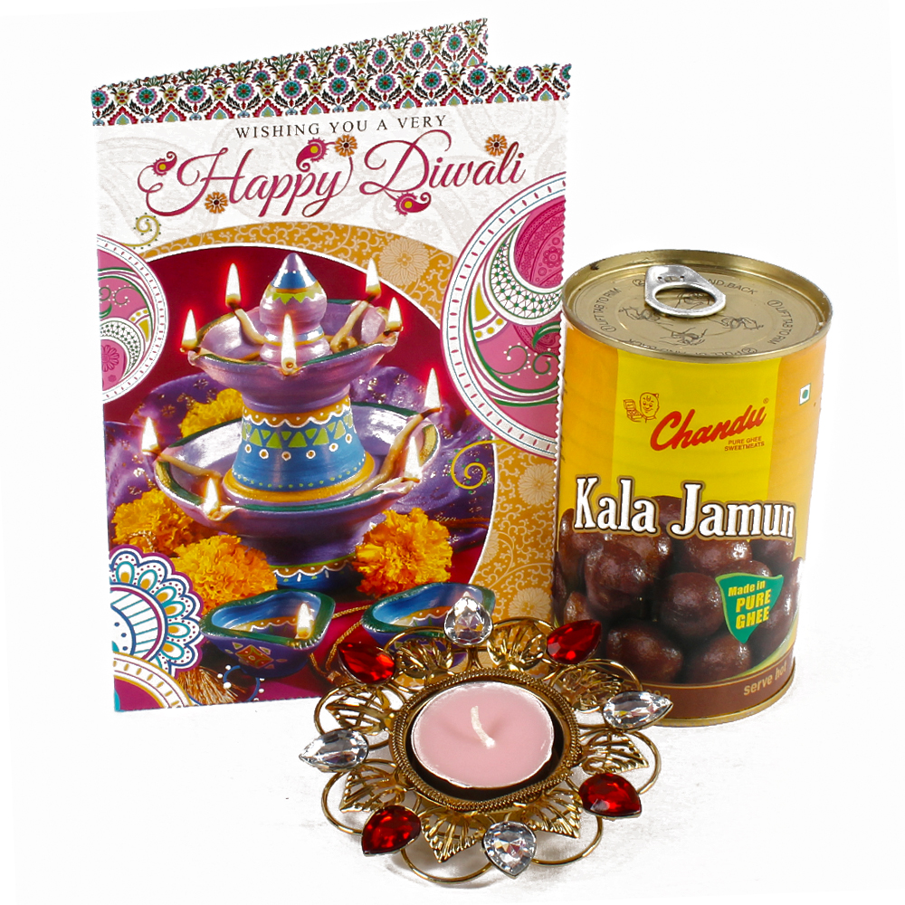 Delicious Kala Jamuns Sweet with Diwali Card and Tealight Diya