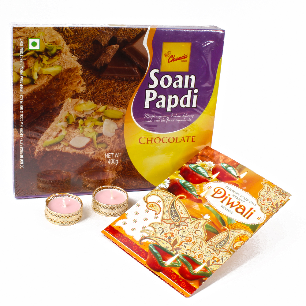 Chocolate Soan Papdi with Desiner Diya and Diwali Card