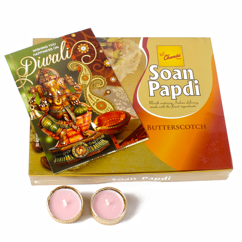 Super Delicious Butterscotch Soan Papdi with Diya and Card
