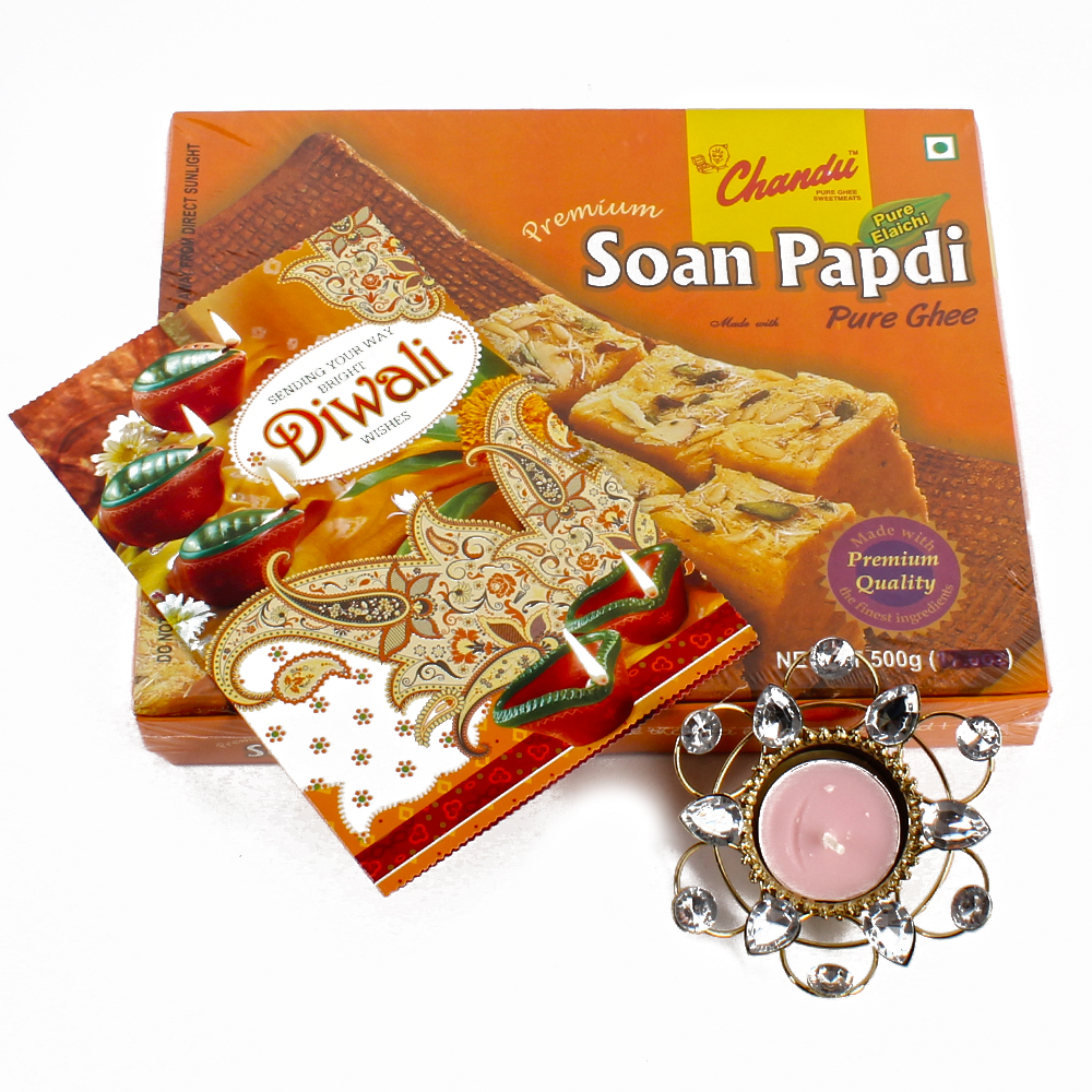Soan Papdi with Diwali Card and Diya Hamper