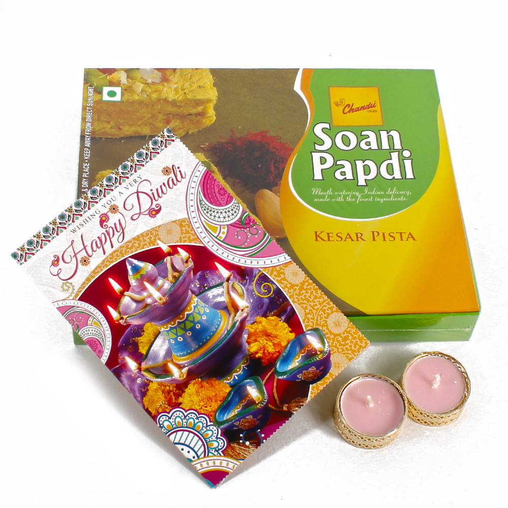 Designer Set of Diya with Kesar Pista Soan Papdi