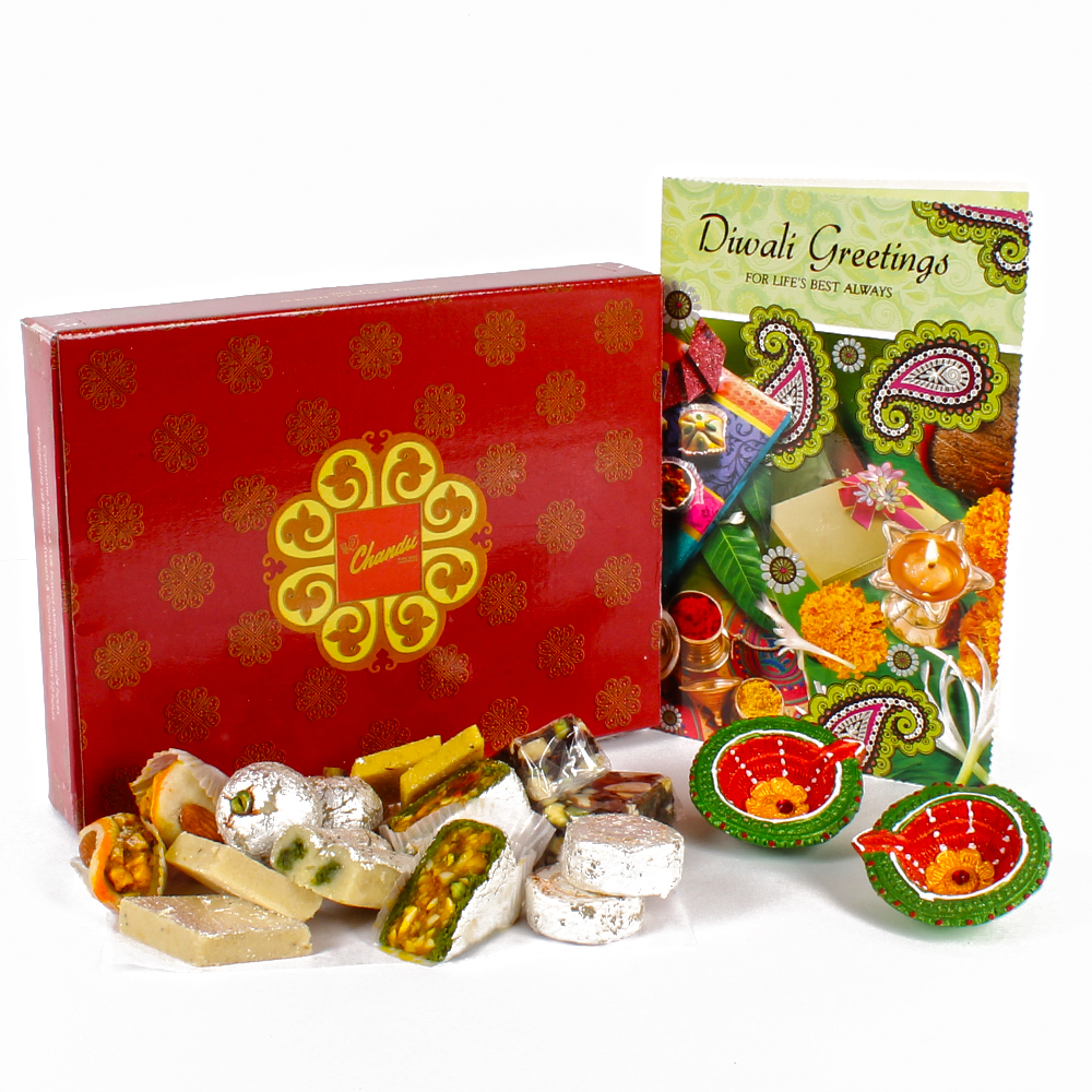 Assorted Dryfruits Sweet with Diwali Card and Designer Diya