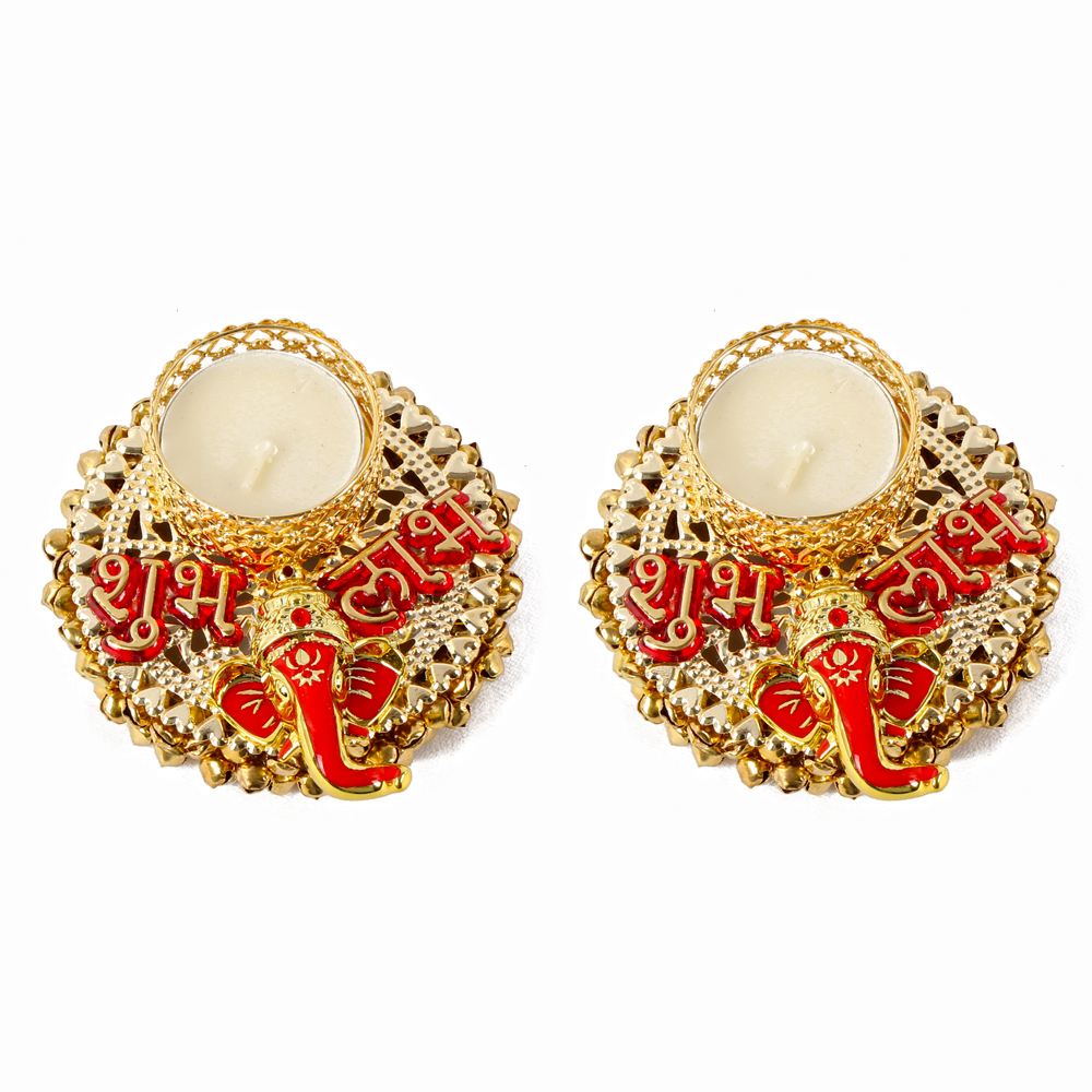 Shubh Labh with Ganesha Face Metal Diya