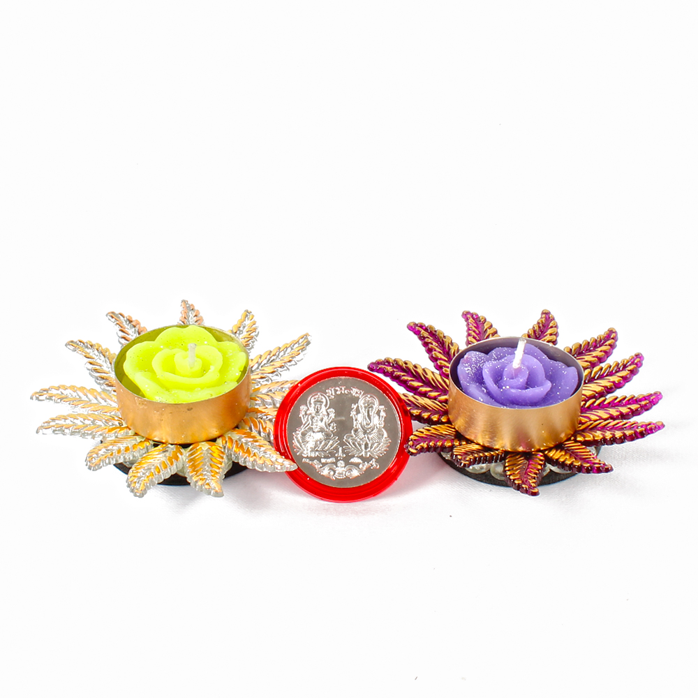 Traditional Two Floating Diya with Silver Plated Lakshmi Ganesha Coin
