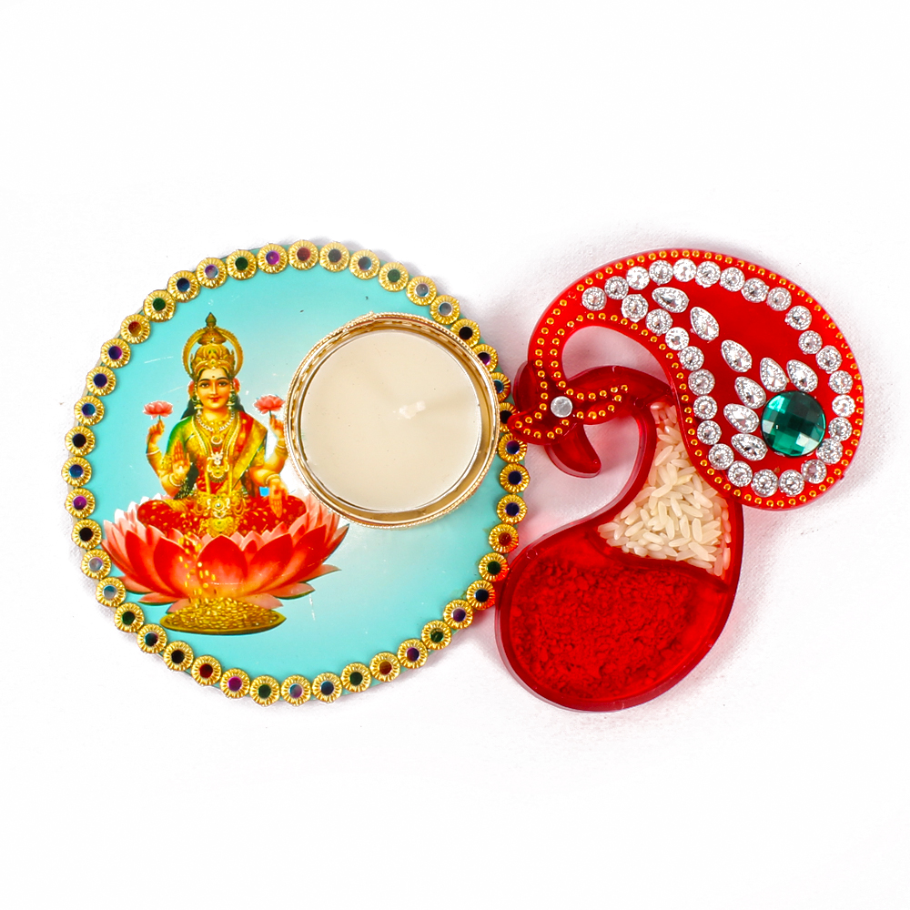 Goddess Lakshmi Colorful Printed Diya with Kumkum Tikka Container