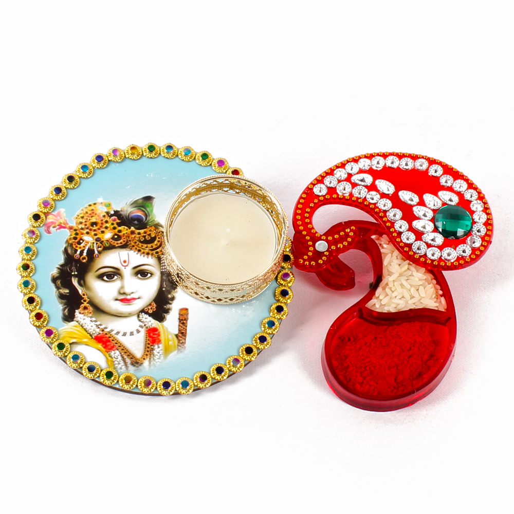 Bal Krishna Colorful Printed Diya with Kumkum Tikka Container