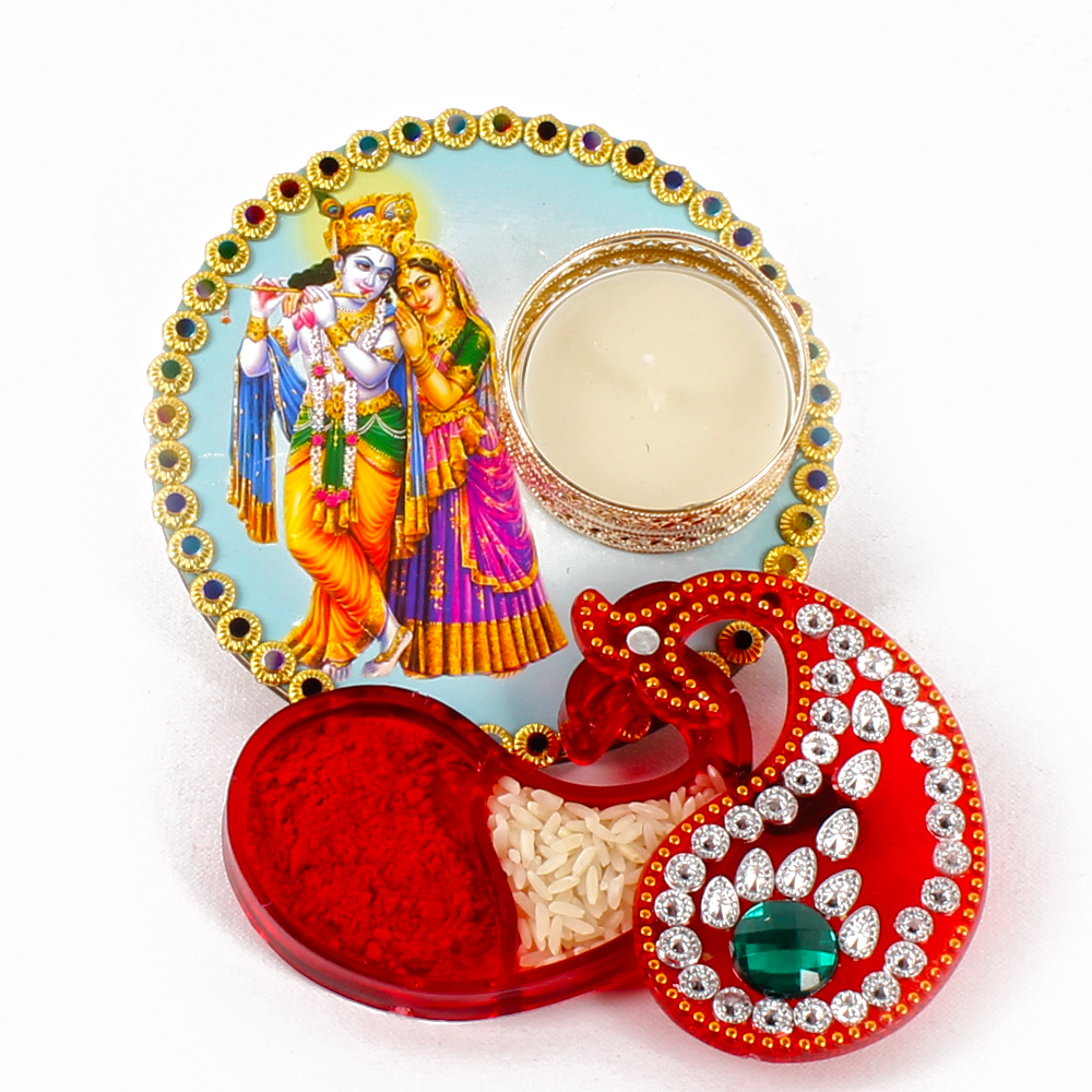 Radha Krishna Colorful Printed Diya with Kumkum Tikka Container