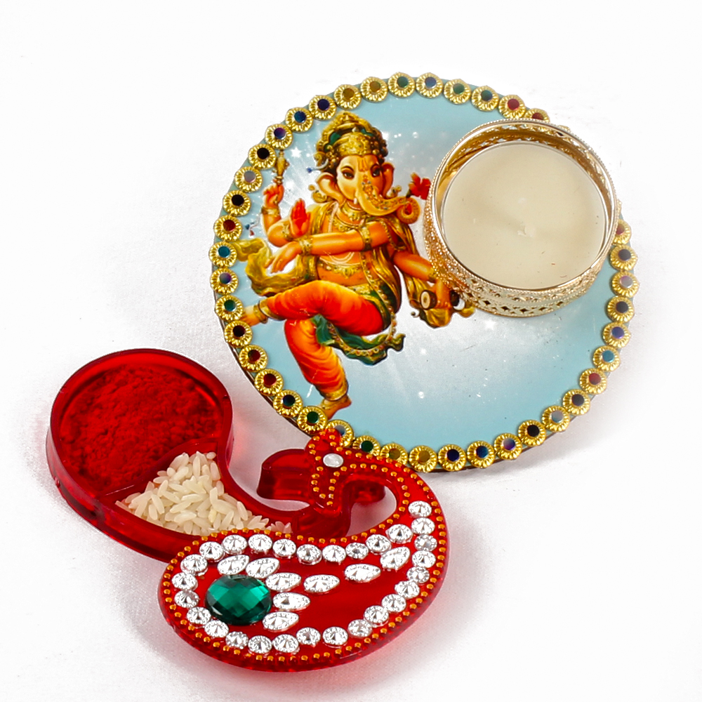 Ganesha Colorful Printed Diya with Kumkum Tikka Container