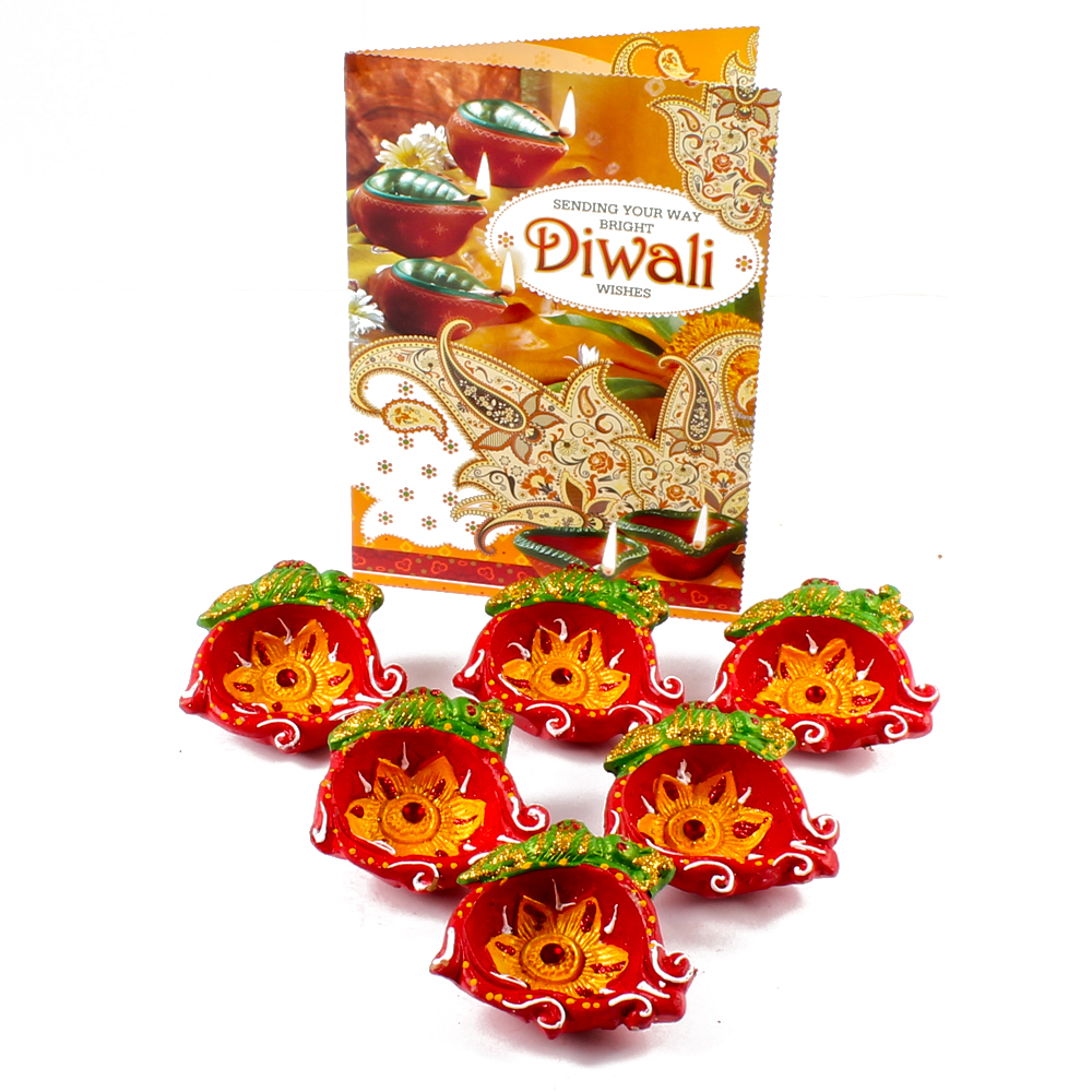 Set of 6 Earthen Diyas with Diwali Card