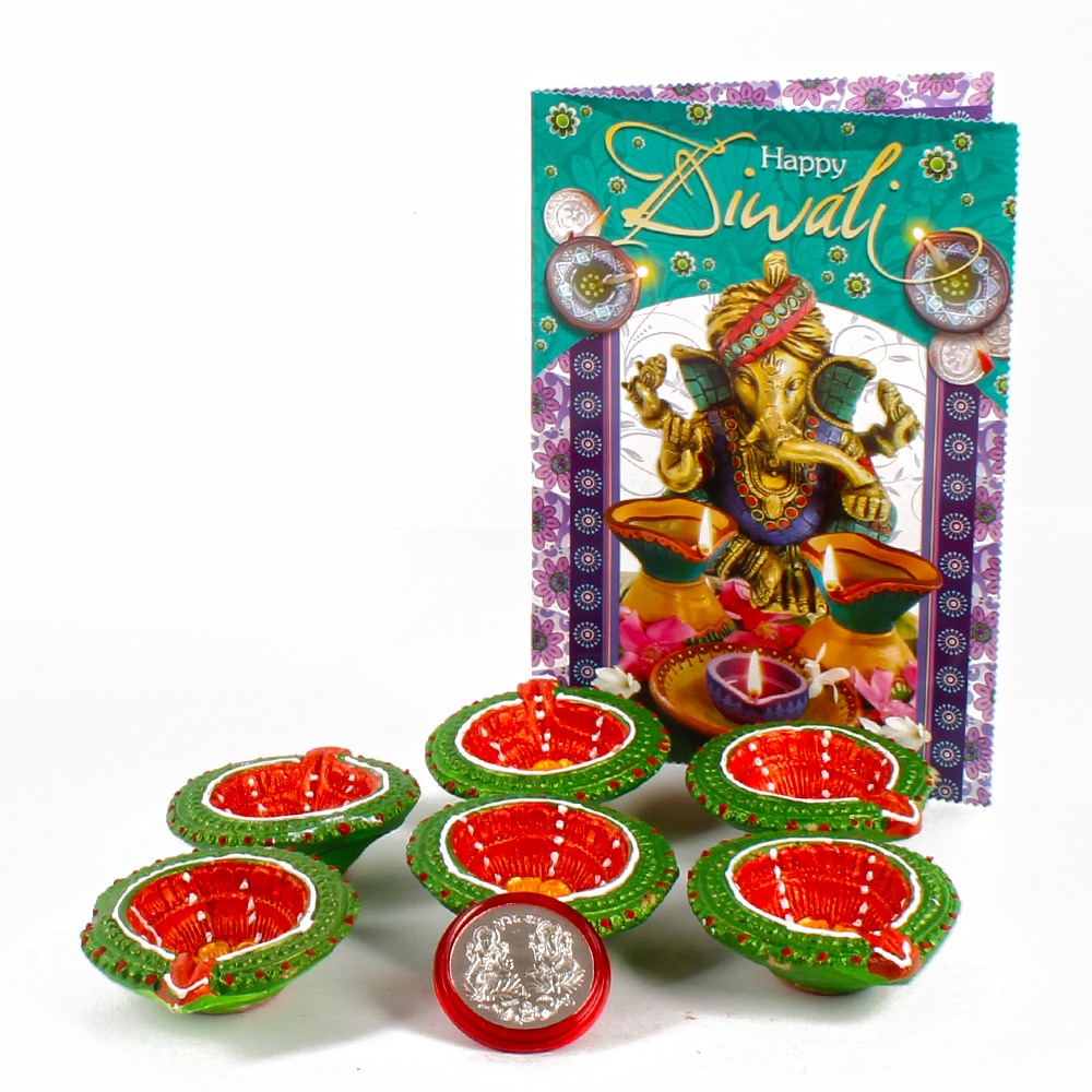 Set of 6 Earthen Diyas with Diwali Card and Silver Plated Lakshmi Ganesha Coin