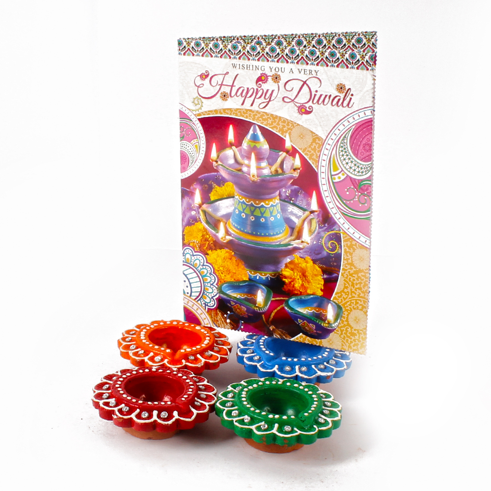 Set of 4 Earthen Diyas with Diwali Card