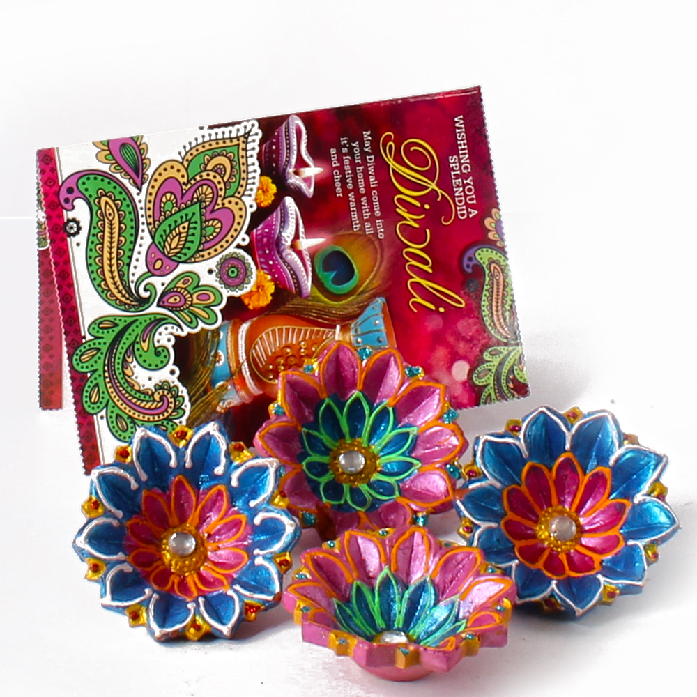 Set of 4 Clay Diyas with Diwali Card