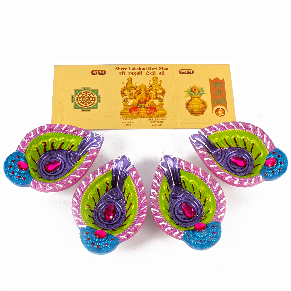 4 Clay Diyas with Gold Plated Lakshmi Note