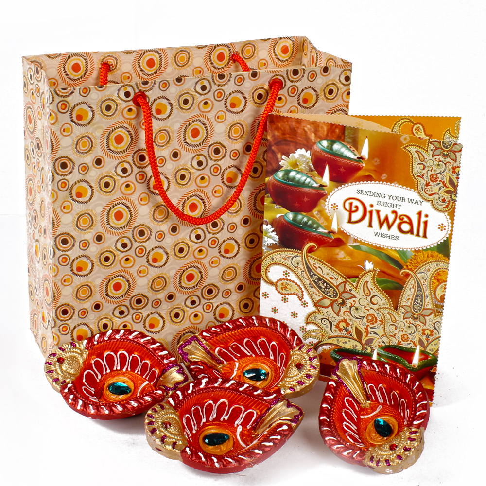 Set of 4 Earthen Diyas with Diwali Greeting Card in a Bag
