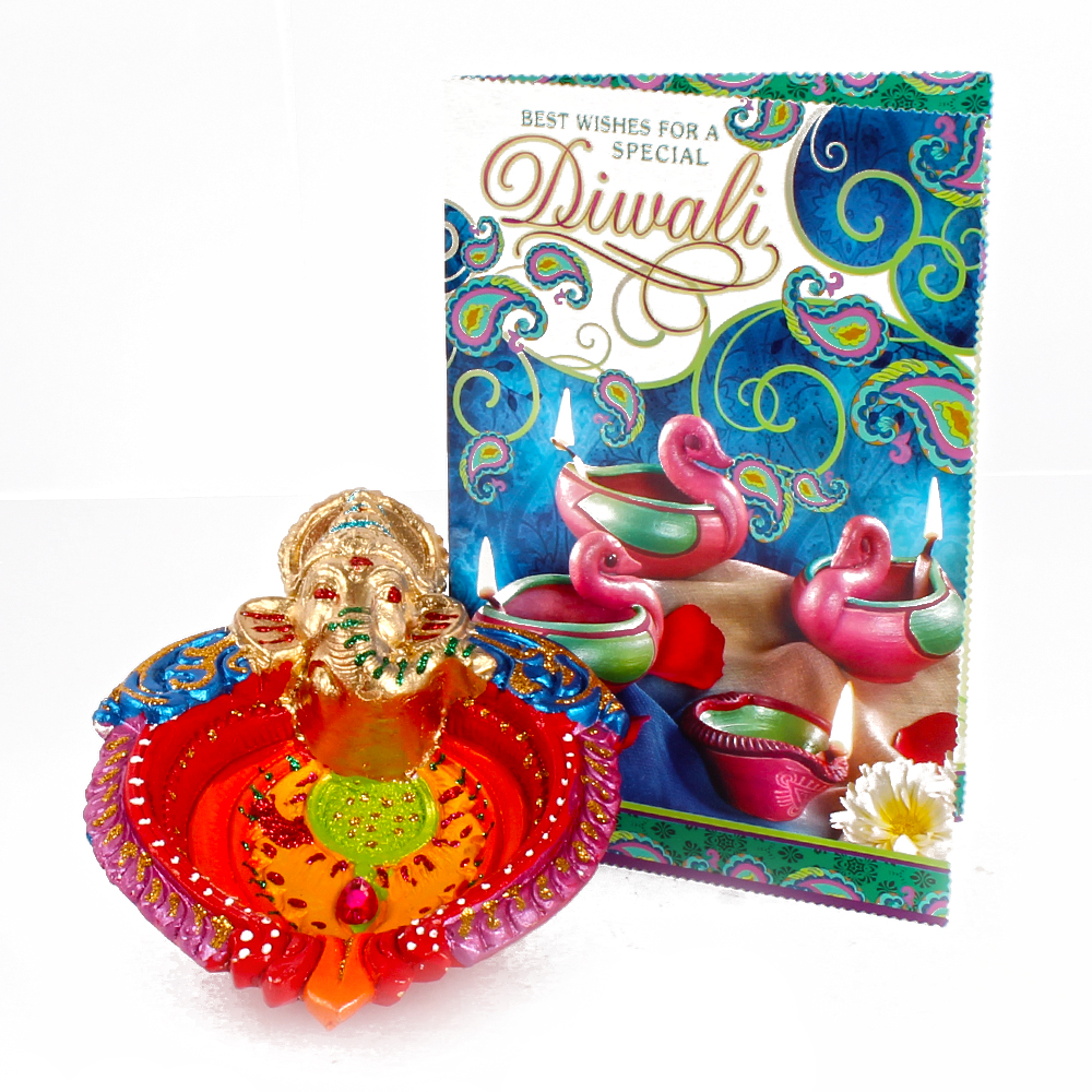 Ganpati Mukh Shaped Clay Diya with Diwali Card