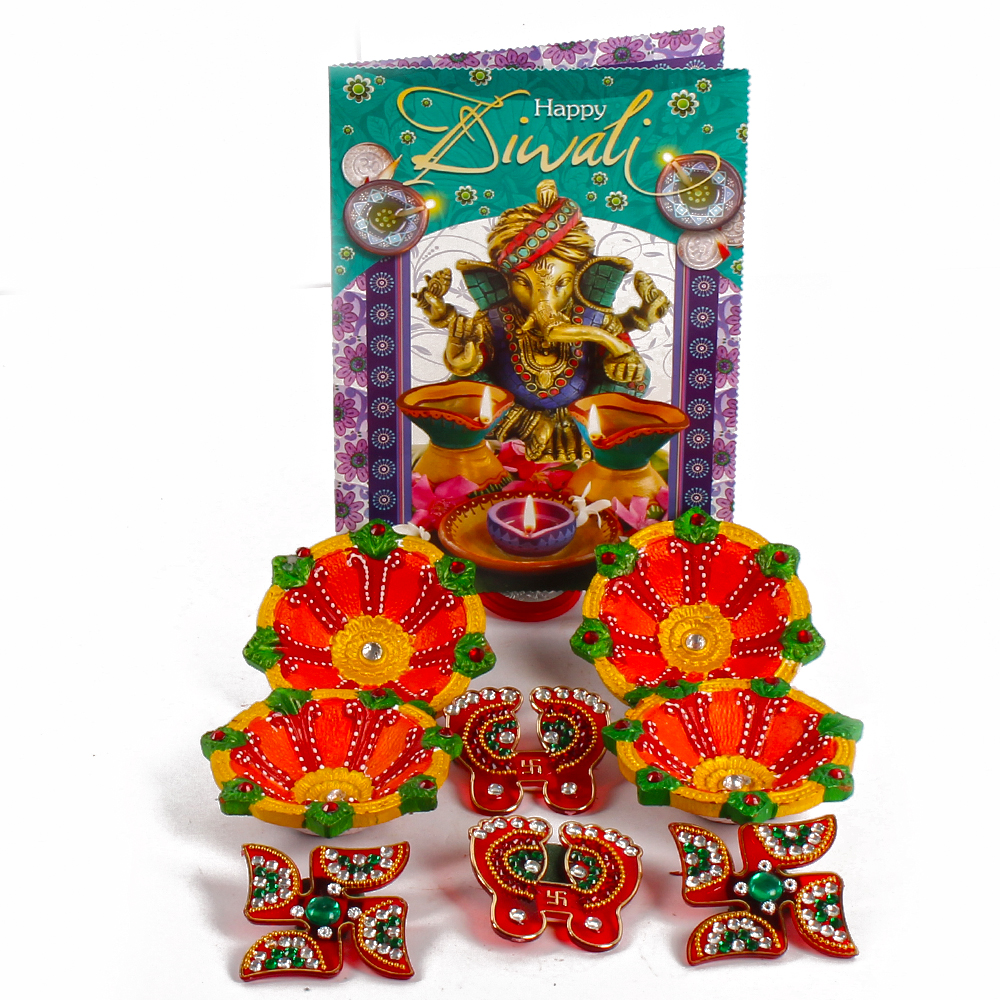 Earthen Diyas with Shubh Swastika and Shubh Pagla with Diwali Wishes Greeting Card