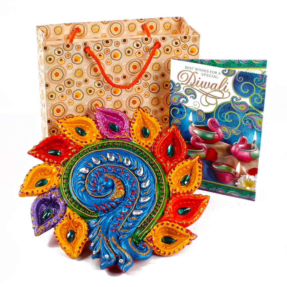 Peacock Shaped Clay Diya with Diwali Card in a Gift Bag
