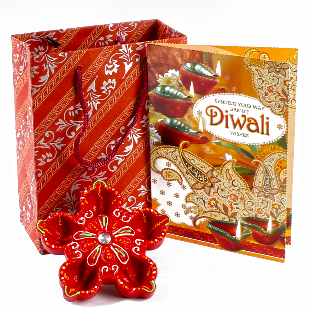 Single Traditional Earthen Diya with Diwali Card