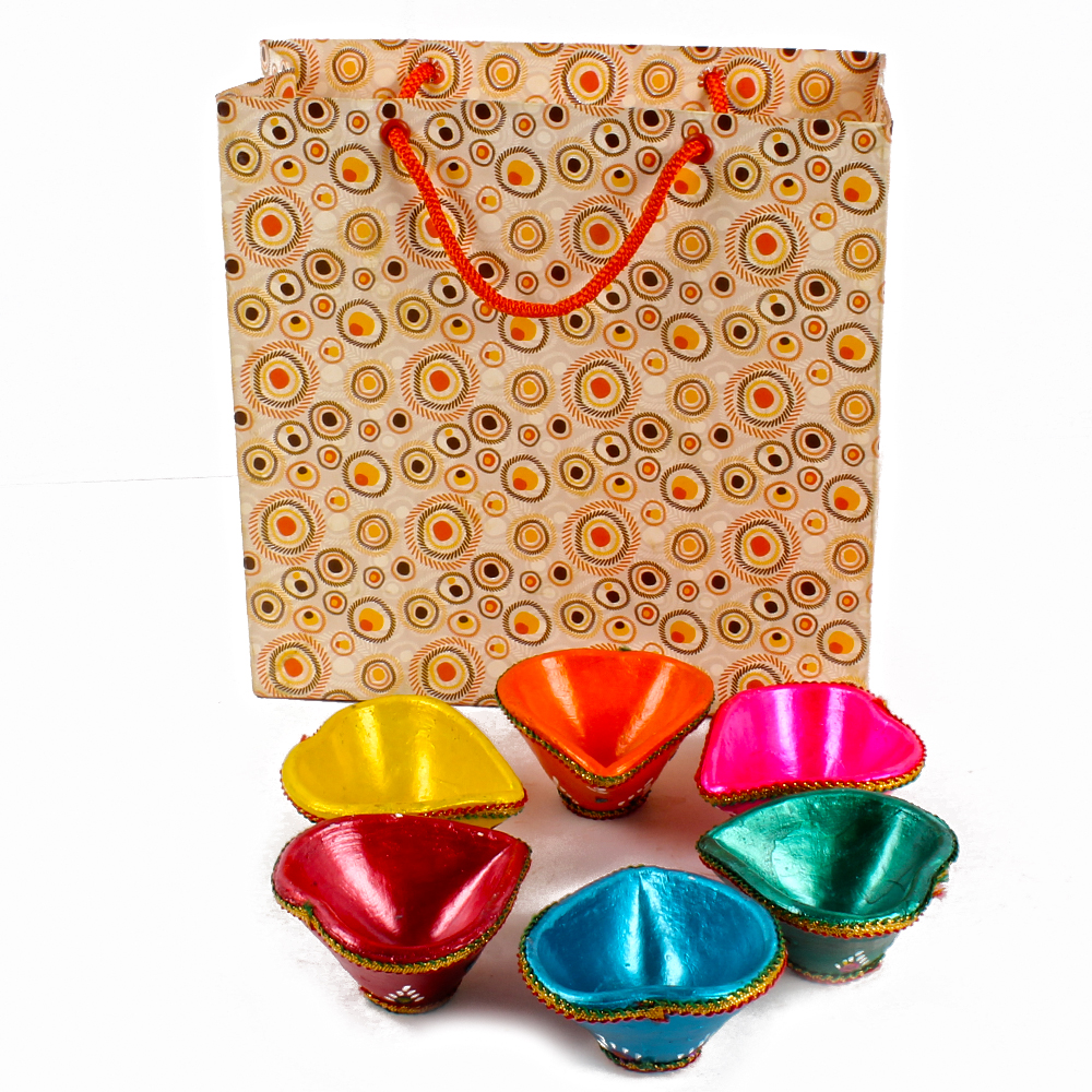 Set of 6 Colorful lustrous Earthen Diyas