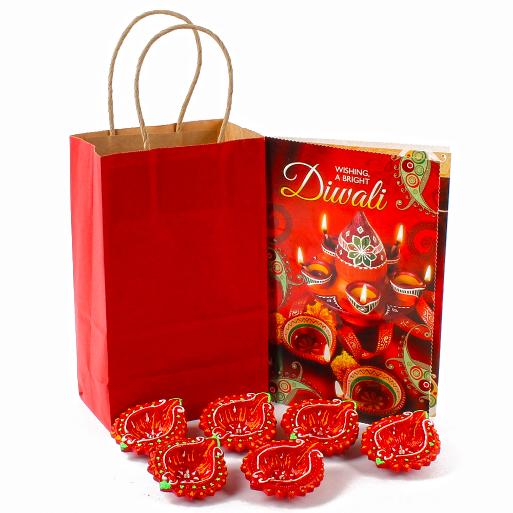 Set of 6 Ethnic Designary Clay Diyas with Diwali Greeting Card