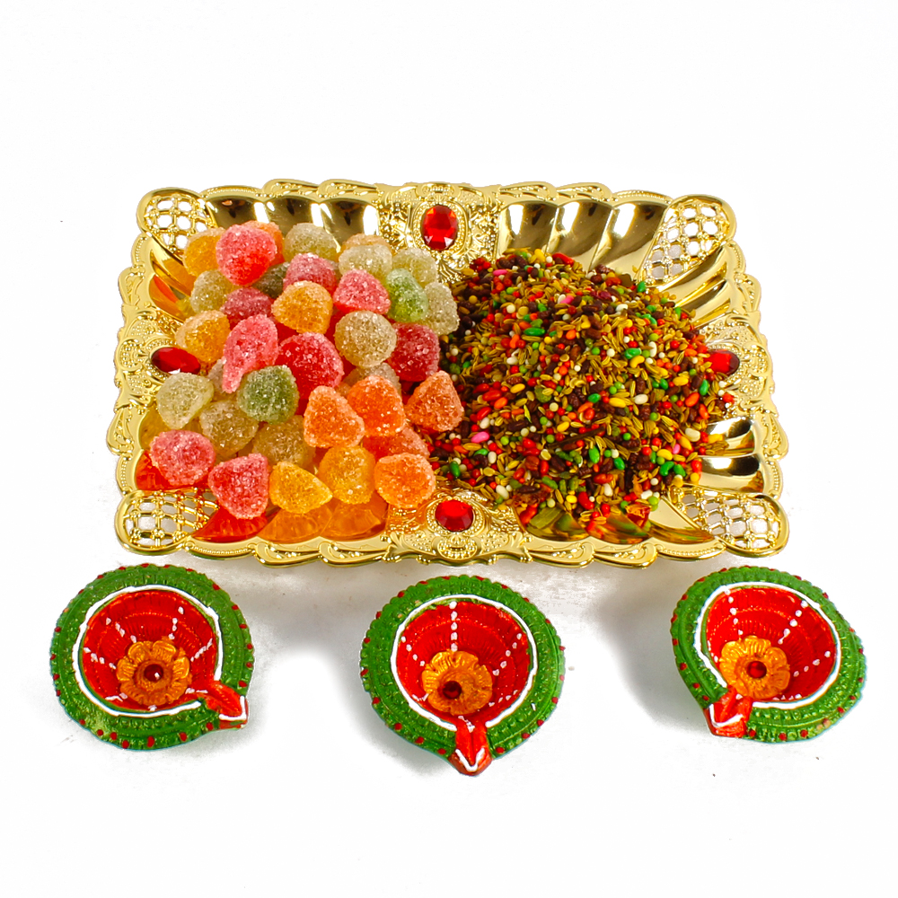 Diwali Mukhwas Tray with Jelly Candy Included Earthen Diyas