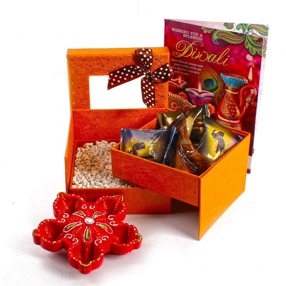 Double Decker Box of Mukhwas Dates Chocolate with Earthen Diya and Greeting Card