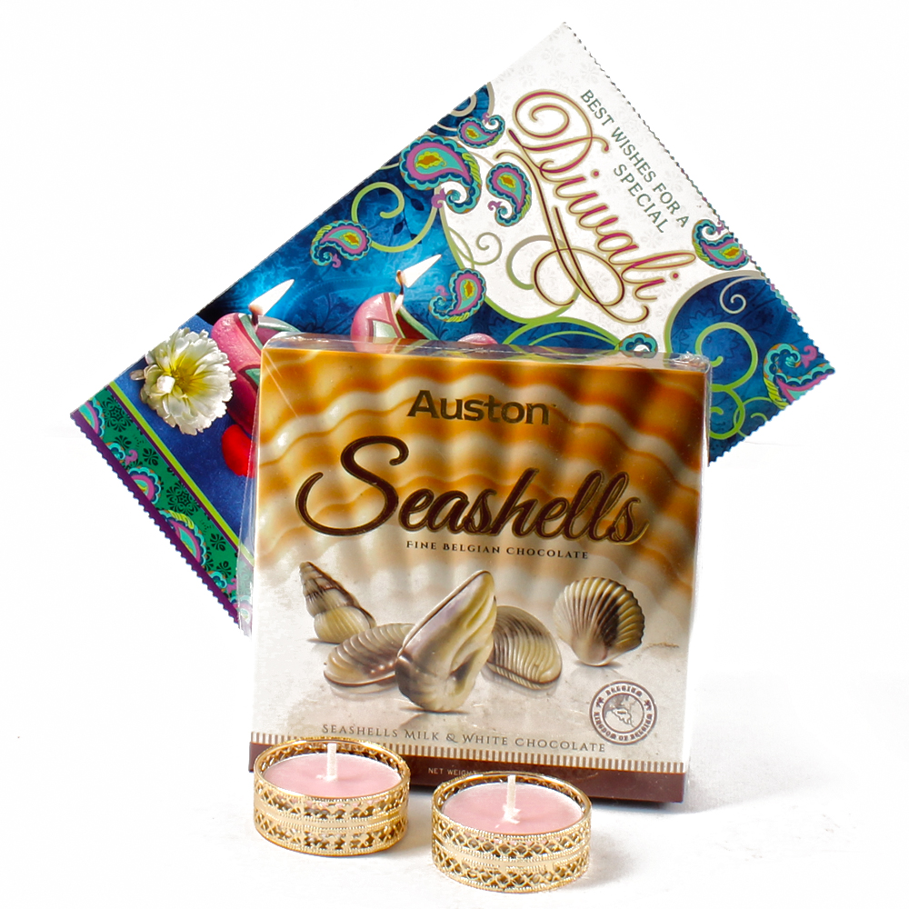 Auston Seashells Chocolates with Tealight Diya and Greeting Card