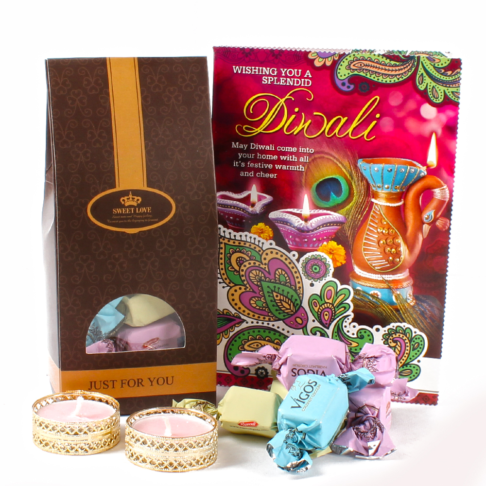 Delicious Chocolate with Diwali Card and Designer Diya