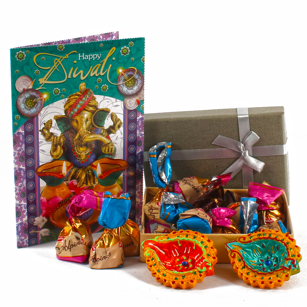 Alpines Imported Assorted Chocolates with Diwali Card and Diyas
