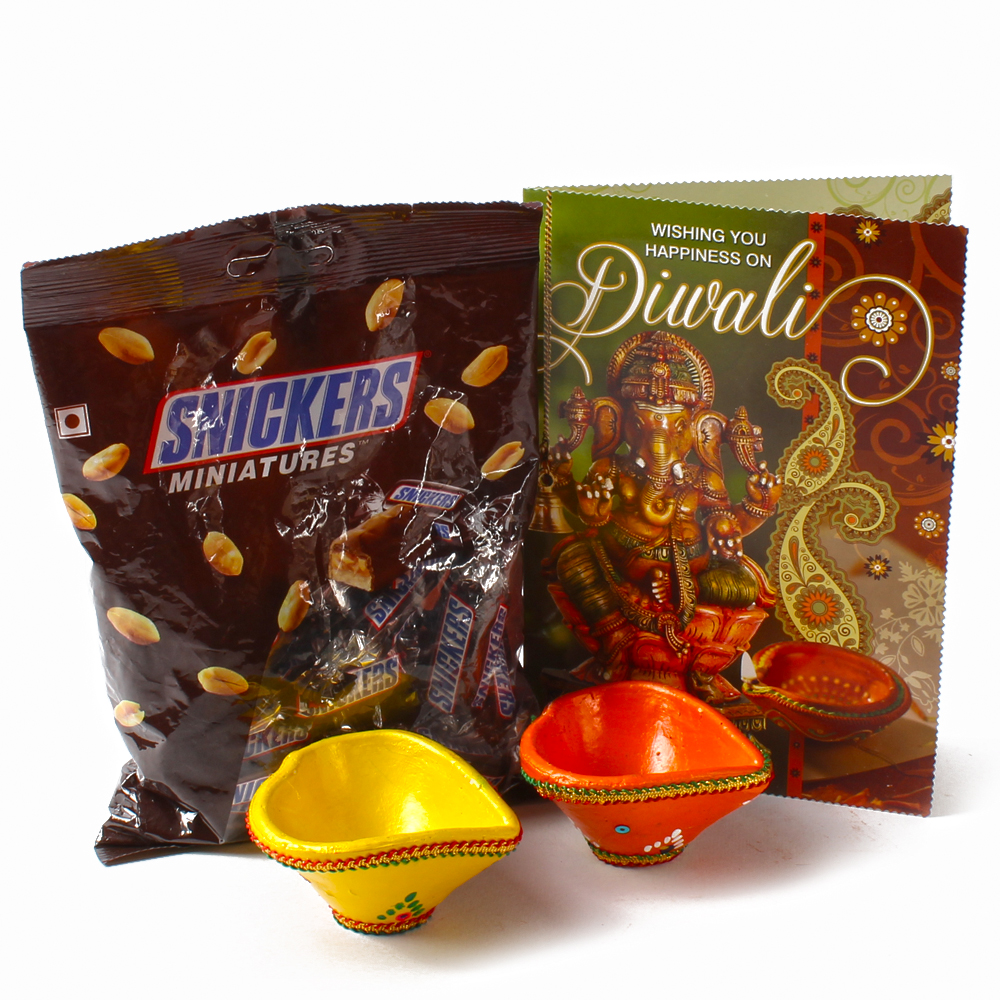 Pack of Snickers Minature Chocolates with Earthen Diyas