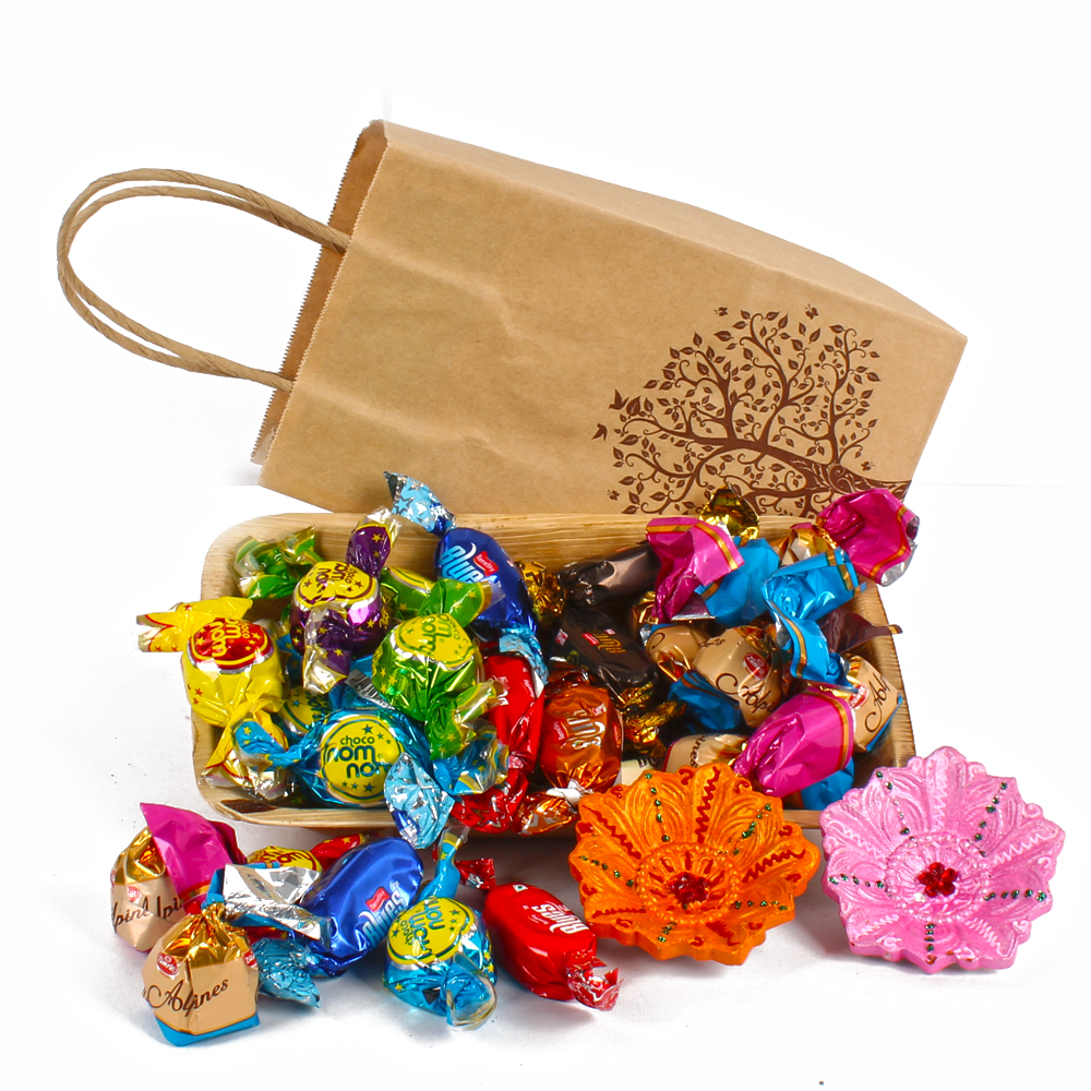 Assorted Chocolate Toffees with Diwali Card and Earthen Diya