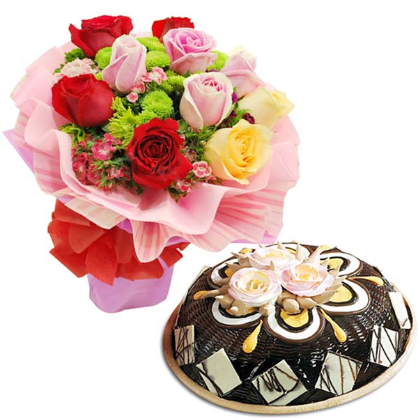 Mix Roses With Black Forest Dom Cake
