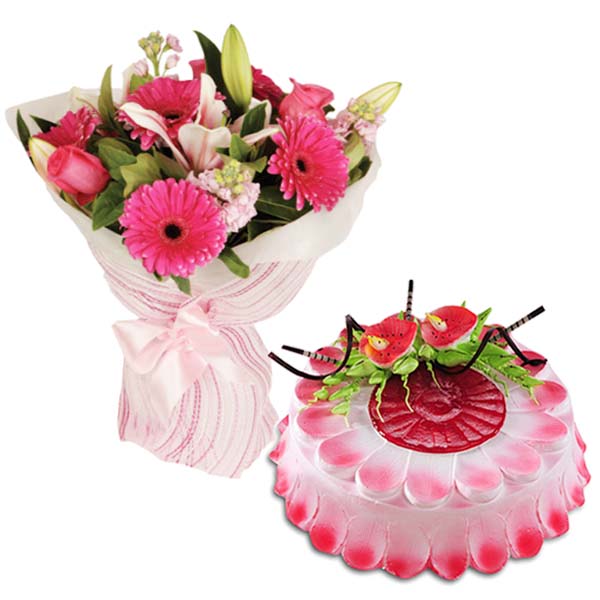 Cheerful Flowers With Strawberry Cake
