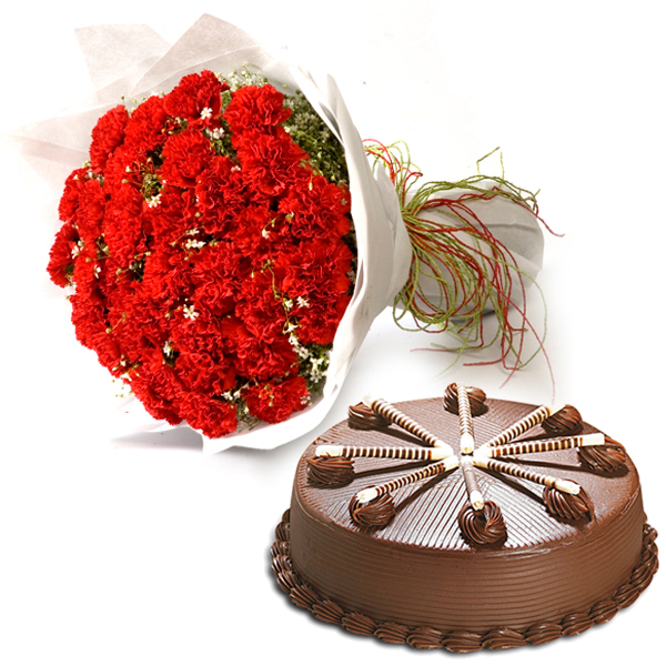 Red Carnation With Chocolate Cake