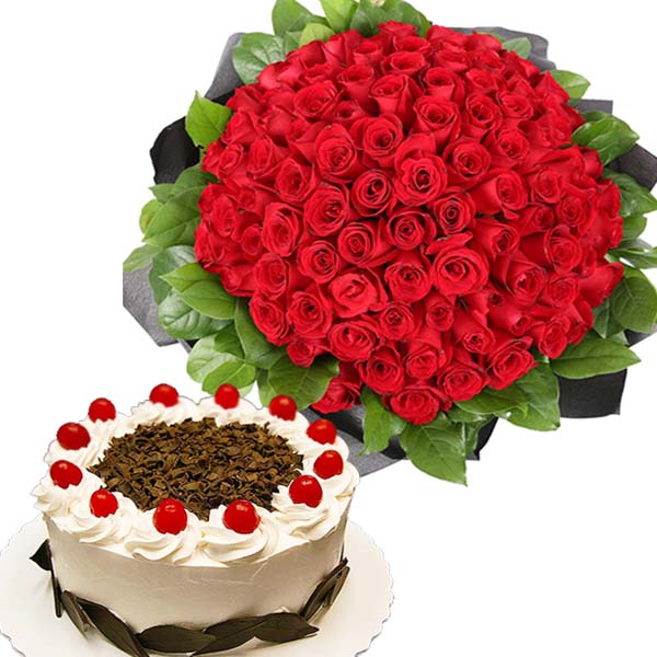 100 Red Roses And Black Forest Cake