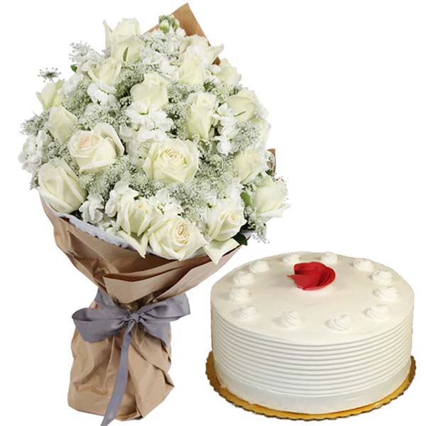 White Roses With Vanilla Cake