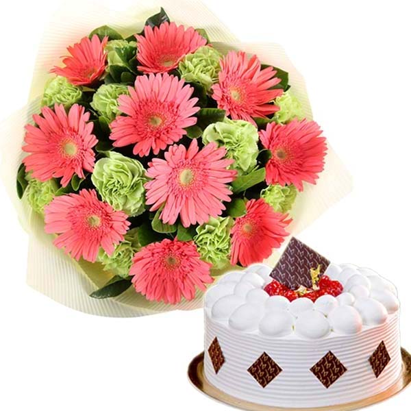 Gerberas And Carnation With Cake