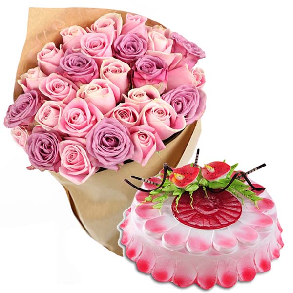 Pink Roses With Strawberry Cake